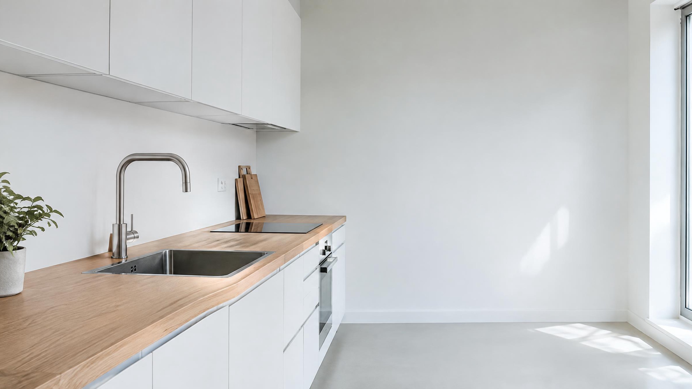 Finished kitchen with an oak countertop