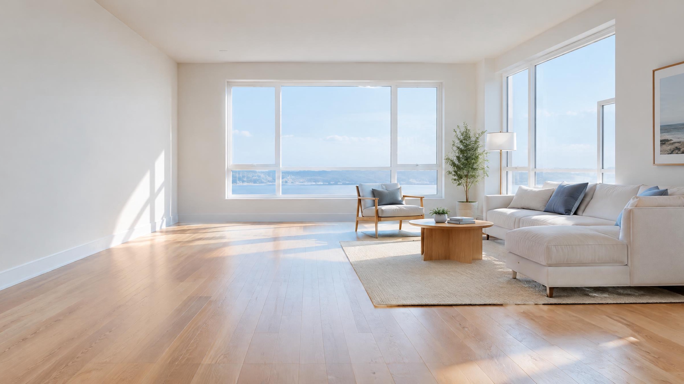 Finished residential living room with oak floor and a warm lamp